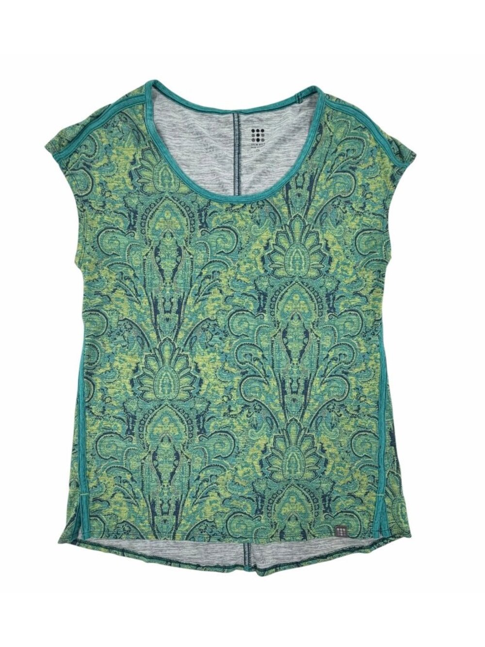TITLE NINE Women's Green Blue Geo Print Short Sleeve Athletic Top Small